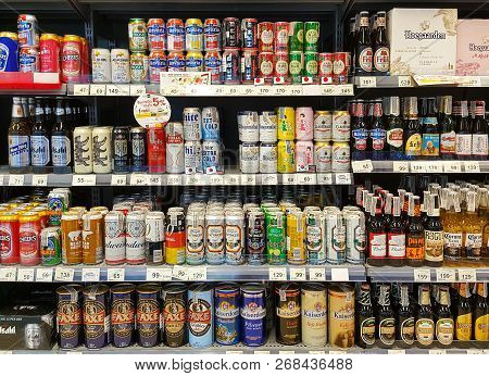 Bangkok Thailand - October 27: Beer Rack Many Brands On Supermarket Stand. Various Bottles And Cans 