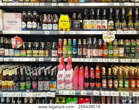 Bangkok Thailand - October 27: Beer Rack Many Brands On Supermarket Stand. Various Bottles And Cans 