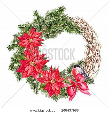 Watercolor Christmas Wreath With Toys, Bow And Pine.  Illustration