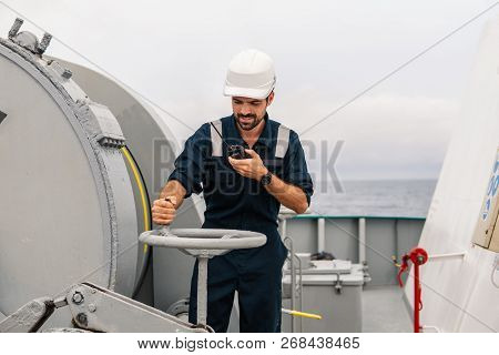 Marine Deck Officer Or Chief Mate On Deck Of Vessel Or Ship