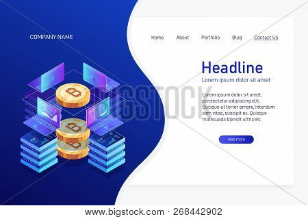 Concept Of Web Site Main Page, Landing Page With Isometry. Earning Cryptocurrency, Mining Bitcoin. L