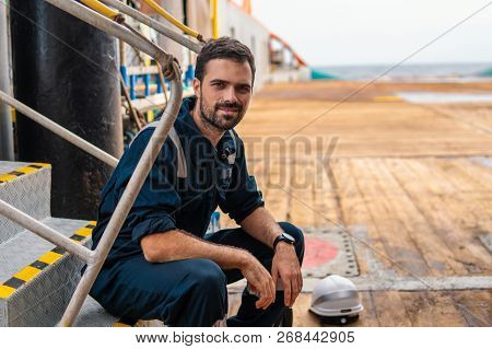 Marine Deck Officer Or Chief Mate On Deck Of Vessel Or Ship