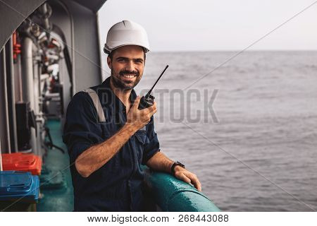Marine Deck Officer Or Chief Mate On Deck Of Vessel Or Ship