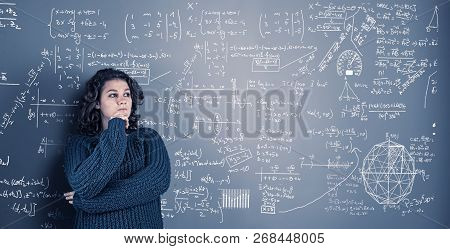 Young Woman Solving Math Problema Drawn On Wall.