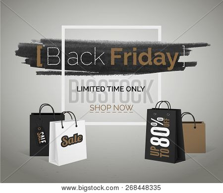 Sale Discounts Of Season Vector Tbt Banner. Black Friday Brown White Shopping Bags With Frame.