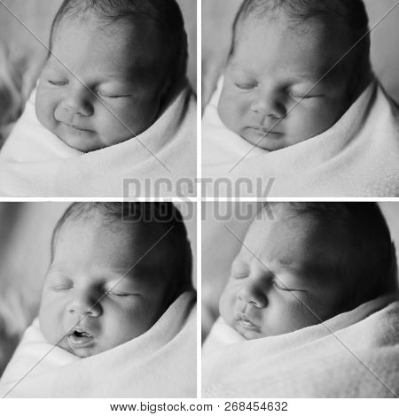 Four Photos In One: 4 Baby Newborn Faces Close-up With Different Facial Expressions