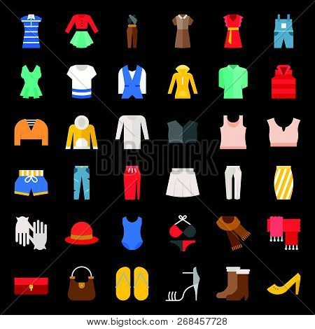 Female Clothes, Bag, Shoes And Accessories Flat Vector Icon Set 2