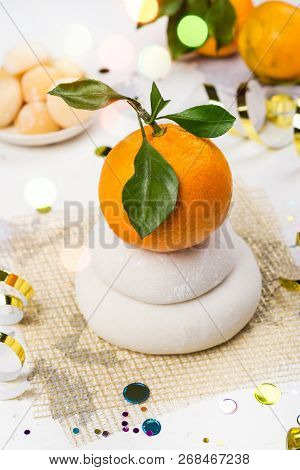 Traditional Japanese Kagami Mochi For New Year Celebration. Sweet Rice Cakes For Luck In New Year