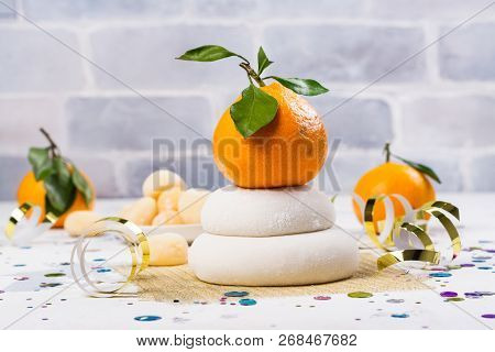 Traditional Japanese Kagami Mochi For New Year Celebration. Sweet Rice Cakes For Luck In New Year