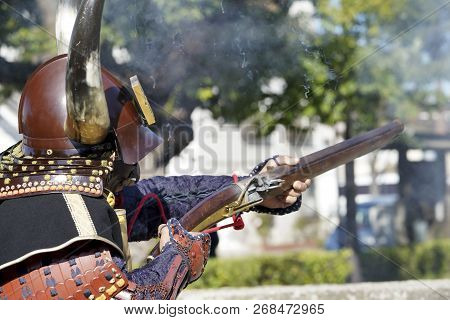 Ancient Firelock Rifle Fighters At Marugame Historical Battle Festival, Event Dedicated To Japanese 
