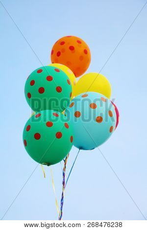 Helium Balloons. Colorful helium balloons. Floating away in the blue sky. Birthday Balloons. Party Time.