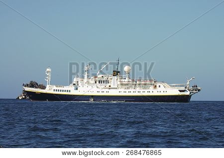 Floreana, Galapagos - April 27, 2009:  Ms National Geographic Endeavour Expedition Ship Seen Off The