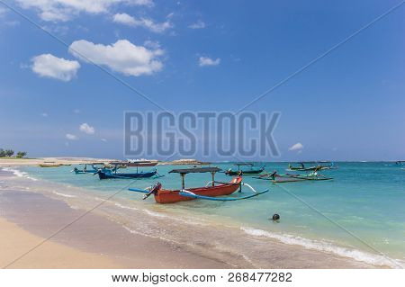 Traditional Balinese Fishing Boats At The Beach Of Kuta, Indonesia