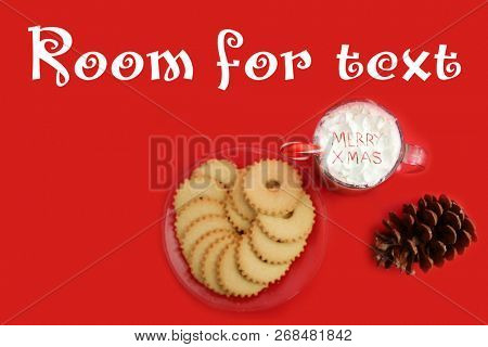 Hot Chocolate. Hot Coco in a glass mug with whip cream, cookies and text. Red Christmas background. Room for text