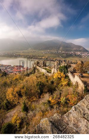 Panorama Of Duernstein Village With Castle During Autumn In Austria