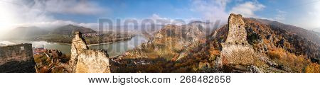 Panorama Of Duernstein Village With Castle During Autumn In Austria