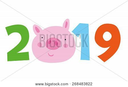 Chinese Calendar Symbol Of 2019 Year Yellow Pig. Emblem Of Coming New Year. Cartoon Smyle Pink Pig. 