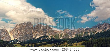 Panoramic View Of The Dolomite Mountains. Mountain Village Cortina Di Ampezzo.
