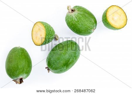 Tropical Fruit Feijoa Acca Sellowiana Isolated On White Background With Copy Space For Your Text. To