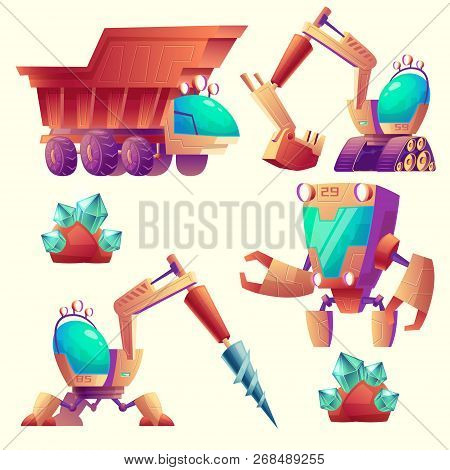 Cartoon Set Of Mining Machinery For Other Planets, Futuristic Devices. Space Exploration With Robot 