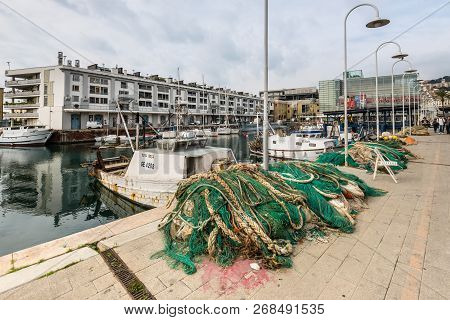 Genoa, Italy - October 28, 2017: Fishing Boats Moored In The Port Of Genoa (genova), Liguria, Medite