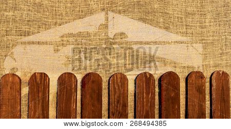 Burlap Texture Background . Outdoor Wooden Gazebo Over Summer Landscape Background . The Place For A