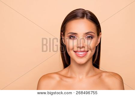Close Up Portrait Of Pretty Charming Lovely Cute Sweet Gorgeous Nice Lady With Naked Shoulders She L