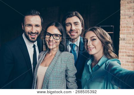 Four Success Confident Person Work In Corporate Company Make Good Career Look At Cellular Take Pictu
