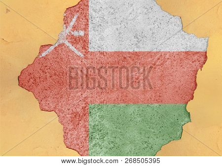 Flag Of Oman In Big Broken Material Concrete Cracked Hole Facade Structure