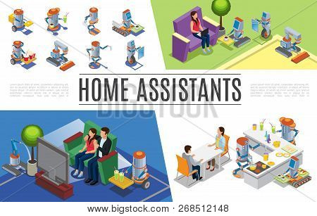 Isometric Robotic Home Assistants Collection With Robots Cleaning Repairing House Cooking Watering P