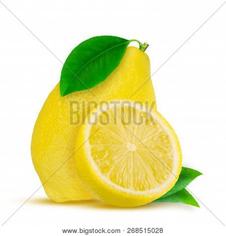 Lemon. Fruit With Half And Leaves Isolated On White