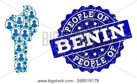 People Composition Of Blue Population Map Of Benin And Grunge Seal Stamp. Vector Seal With Grunge Ru