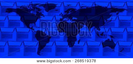 conceptual technology image of world map and laptop computers in a row. NASA world map image layered and used; www.nasa.gov , https://www.flickr.com/photos/gsfc/sets/72157632172101342