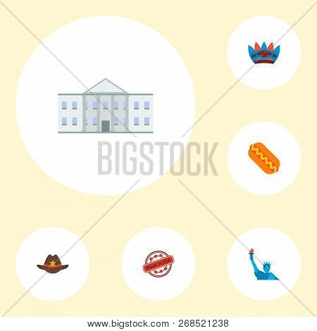 Set Of Usa Icons Flat Style Symbols With Government Building, Sheriff Hat, Made In Usa And Other Ico