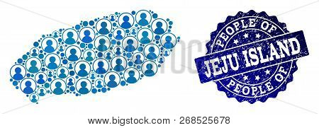 People Collage Of Blue Population Map Of Korean Jeju Island And Rubber Seal Stamp. Vector Watermark 