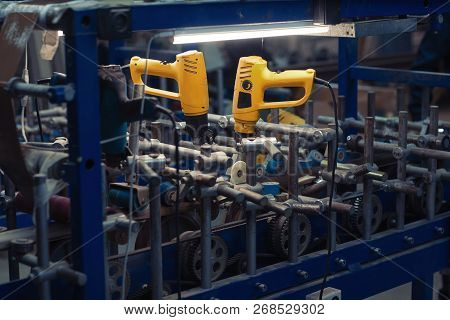 Woodworking Machinery In A Wooden Door Factory