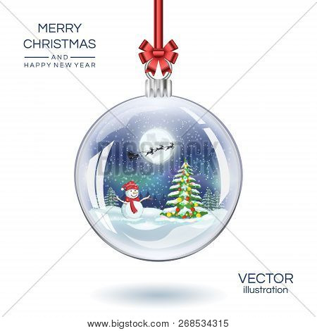 Christmas Glass Ball With Snowman And Christmas Fir Tree. Vector Xmas Snow Globe. Stock Illustration