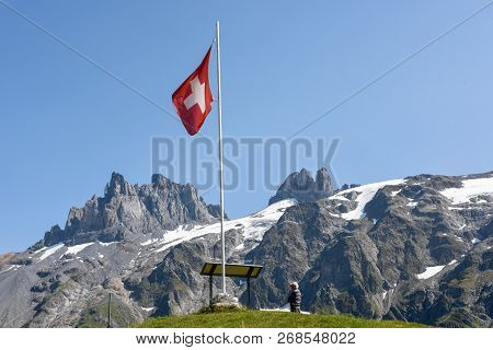 Furenalp, Switzerland - 28 August 2018: Mountain View At Furenalp Over Engelberg On The Swiss Alps