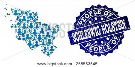 People Composition Of Blue Population Map Of Schleswig-holstein State And Rubber Seal. Vector Seal W