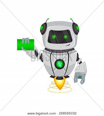 Robot With Artificial Intelligence, Bot. Funny Cartoon Character Holds Blank Business Card. Humanoid