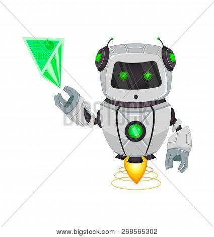 Robot With Artificial Intelligence, Bot. Funny Cartoon Character Points On Hologram. Humanoid Cybern