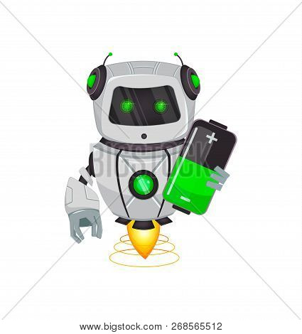 Robot With Artificial Intelligence, Bot. Funny Cartoon Character Holds Battery. Humanoid Cybernetic 