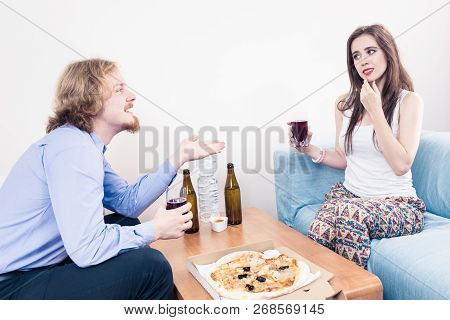 Man And Woman Being On Worst Date Ever. Female Being Displeased By Meeting With Weird Guy Not Expect