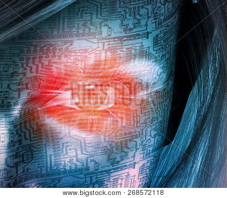 Cyborg woman face. Binary code in red eye, circuit pattern. 3D rendering