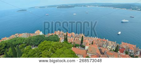 Panorama Of Rooves  Of The Old Town Of Rovinj  Terracotta Tiles And Satellite  Dishes. Looking Towar