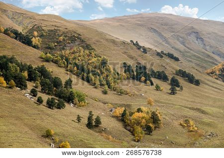 Autumn Landscape In The Mountains Of The Caucasus Near The Village Of Arkhyz. Russia, Karachay-cherk