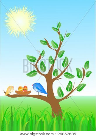 나무, 새와 계란 Eeaster 추상 벡터 배경