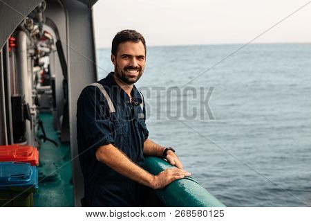 Marine Deck Officer Or Chief Mate On Deck Of Vessel Or Ship