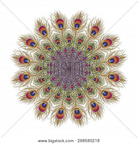 Eautiful Card With Feather Peacock. Card Of Mandala. Bright Illustration. Pattern Kaleidoscope, Indi