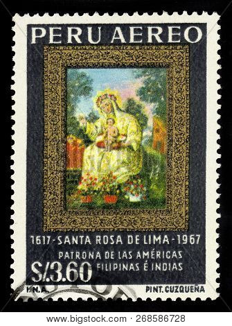 Peru - Circa 2002: A Stamp Printed In Peru Shows Icon St. Rosa Of Lima By Cuzquena School, First Cat